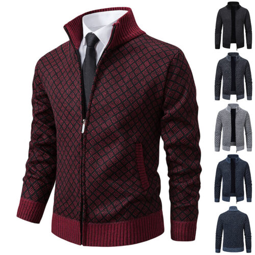 Thickened Plaid Print Jacket Cardigan Fashion Slim Fit Zipper Stand Collar Sweater Winter Men’s Casual Long Sleeve Knitted Top Clothing